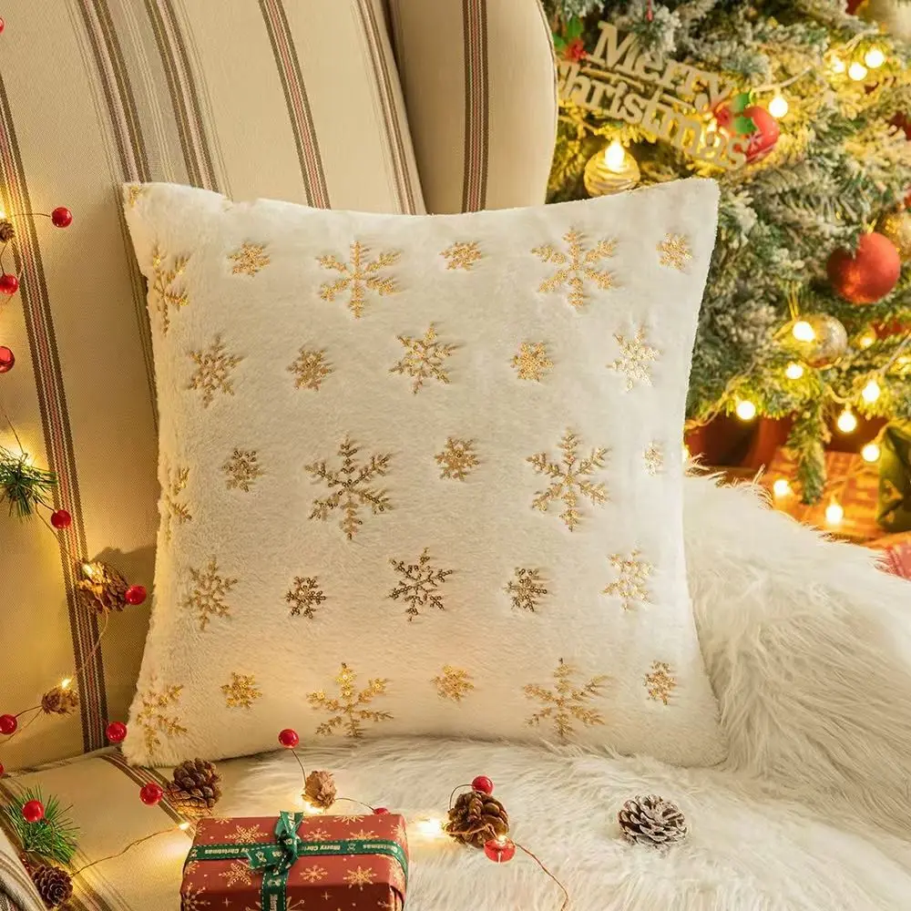 Christmas Pillow Cover Sequin Snowflake Soft Texture Snowflake Pillow Cover Festive Style Decorative Sequin Cushion Cover