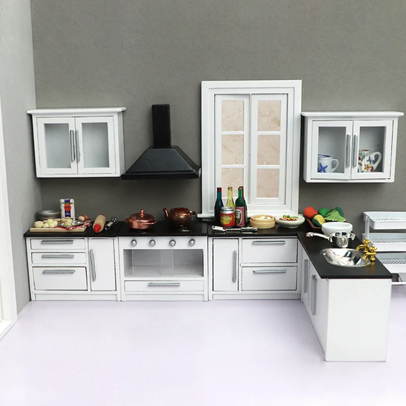 

1/12 7pcs dollhouse Mini kitchen scene Wooden Mini Furniture ob11 sink hood gas cooker accessories