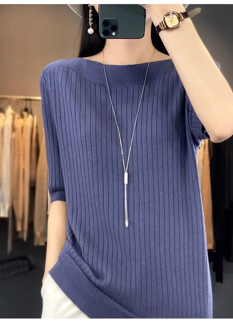Women Sweater Spring Autumn Warm Bottiming Shirts Korean Fashion Slash Neck Half Sleeve Pullovers Slim Fit Casual Warm Knitwears