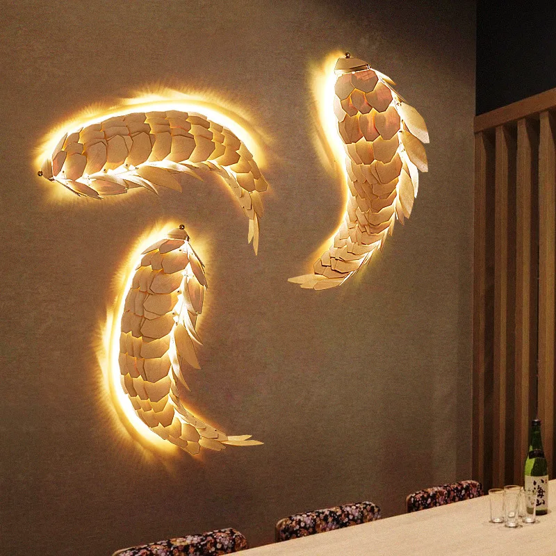 Creative Handmade Chinese Style Wood Fish Wall Lamp Shine LED 12W Living Room Bedside Stair Lighting Decor Lamp Wall Sconces