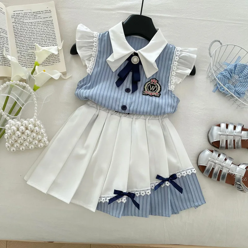 

Children's Set New Summer Girls' Academy Style Sweet Uniform Shirt+Pleated Skirt Fashion Two-Piece Set