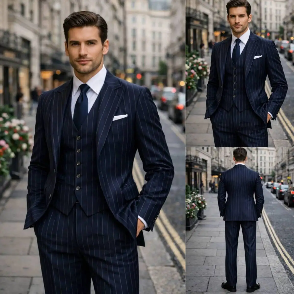 3 Pieces Men Navy Vertical Pinstripe Suits Business Workwear Coat Peak Lapel Jacket Business Wedding Gentleman Formal Customized