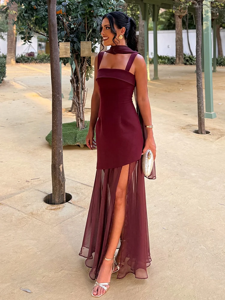 Vestido Largo Elegante para Mujer, Estilo Halter, Color Sólido, con Tirantes, Diseño de Parches, Ropa Chic para Fiesta de Verano
