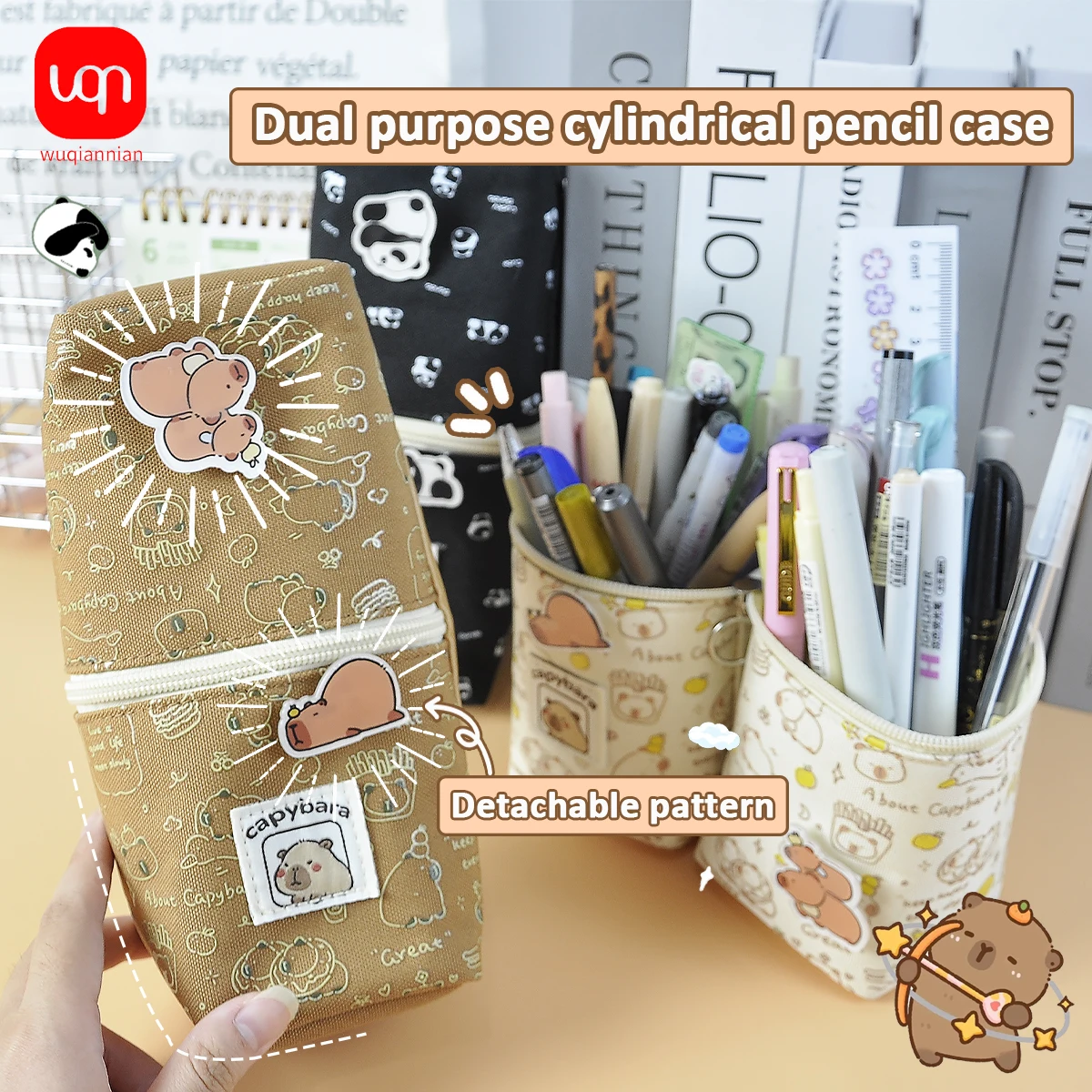 

WNQ-1PC Dual Purpose Pencil Bag Cartoon Cute Capybara Pen Case Detachable Panda Pattern School Study Office Supplies