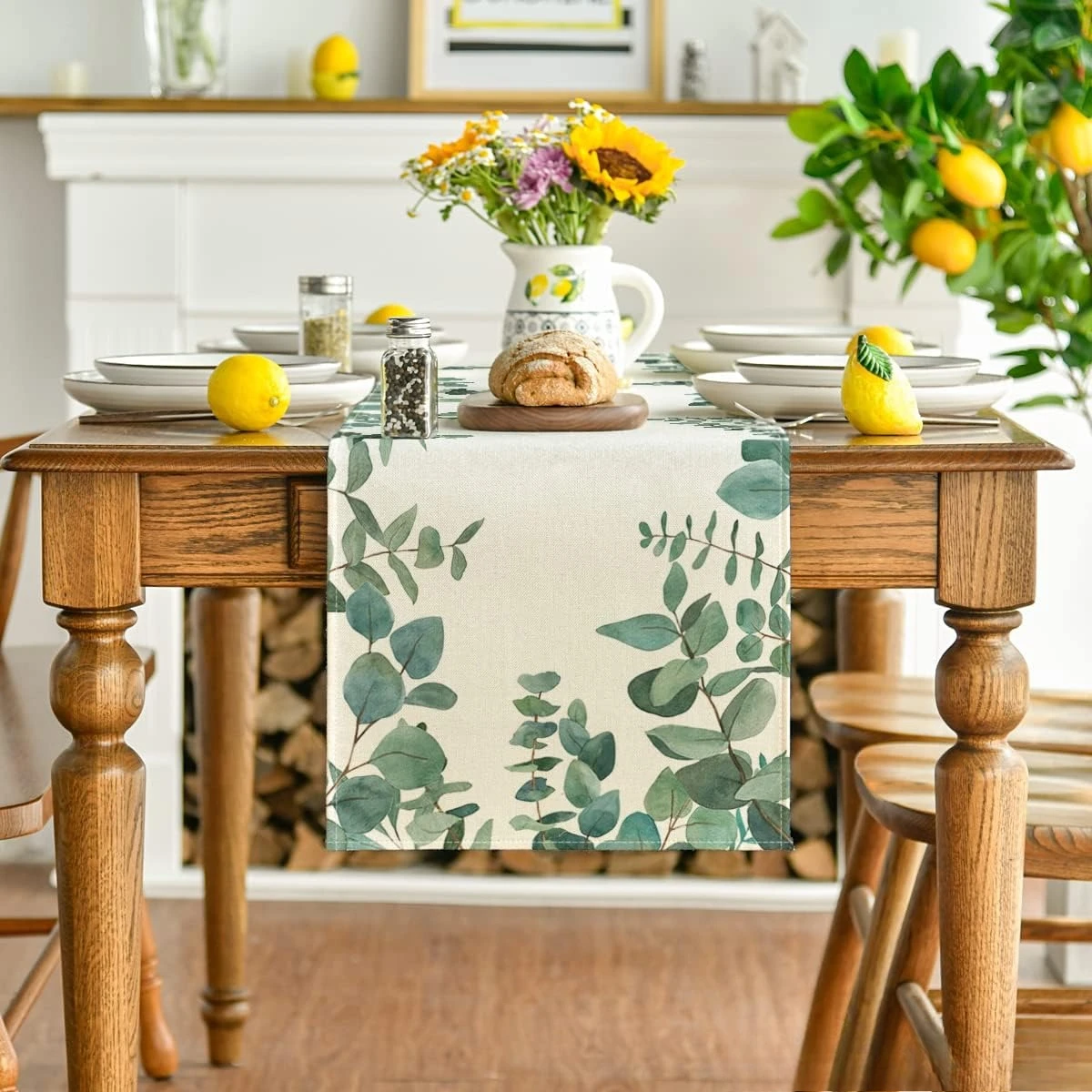 Eucalyptus Leaves Linen Table Runner Home Party Decor Spring Summer Green Plants Kitchen Table Runners Dresser Scarf Table Decor