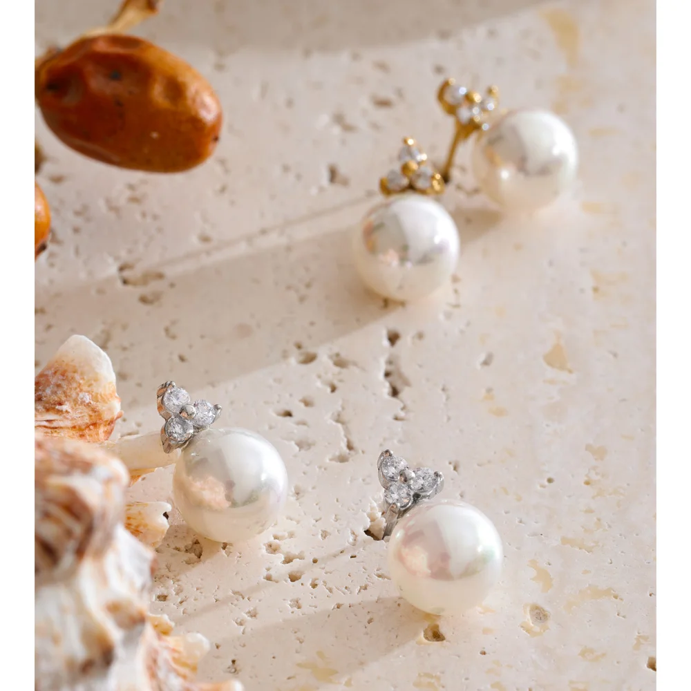 Yhpup Stainless Steel Zircon Simulated Pearls Round Korean Daily Stud Earrings Waterproof Fashion Exquisite Chic Women Jewelry