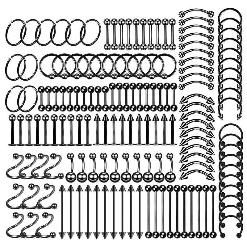 150PC Surgical Steel Body Piercing Jewelry Lot Bulk Nose Ring Tongue Bar Lot Eyebrow Labret Piercing Set Horseshoe Ring Lot Pack
