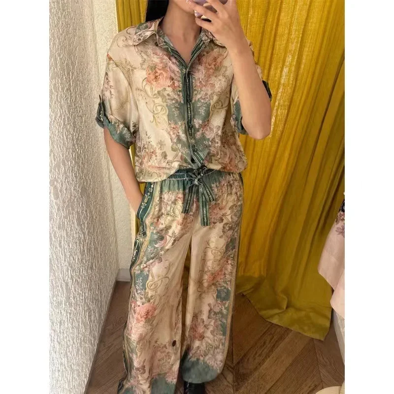 Z 2024 Real Shot Spot  New Holiday Style Green Retro Printed Shirt Women's Two-Piece Trousers Suit Women Clothing 2 Piece Sets