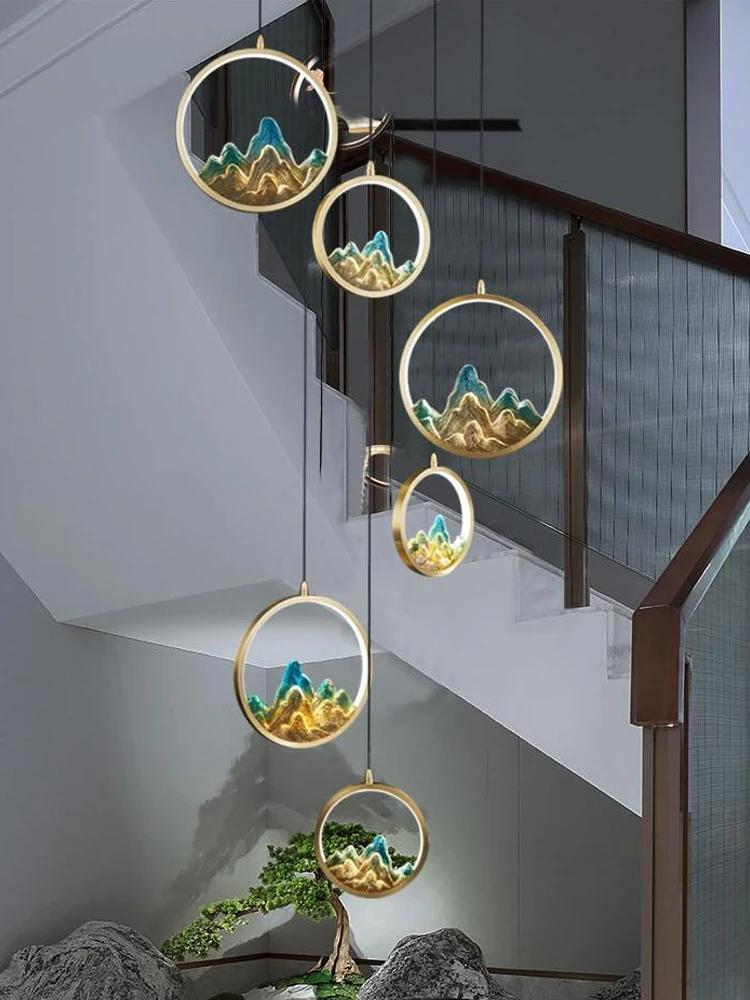 LED Rotating Staircase Long Pendant Light All Copper Light Luxury Villa Duplex Loft Chinese Style Landscape Lighting Fixtures