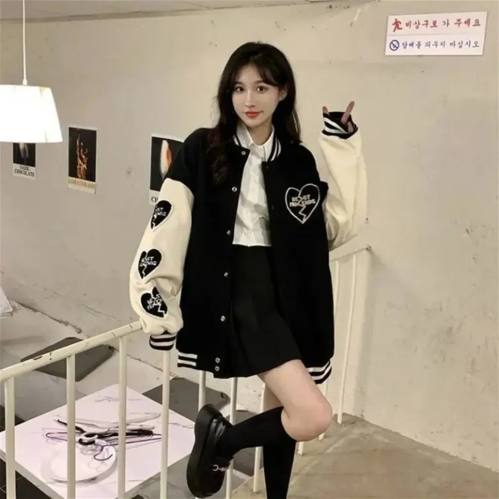 

Japanese Love Printed Colorblock Baseball Suit Coat for Women Korean Style Loose All-match Jacket Top Autumn Fashion
