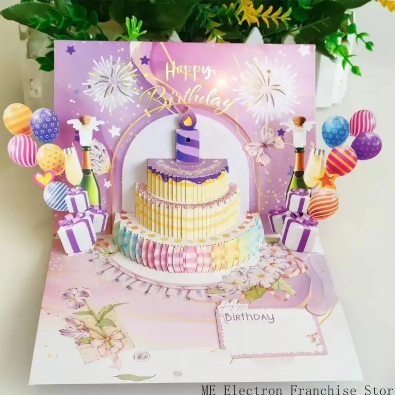 Karty urodzinowe T5EA 3D Tort urodzinowy Karta Pozdrowienia światło i dźwięk karta urodzinowa