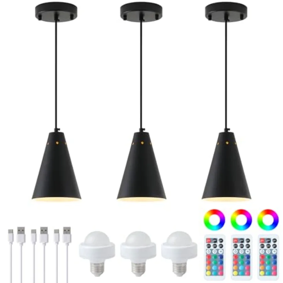 

Black Battery Operated Pendant Light 3 Pack with Remote ControlWireless Rechargeable Mini Chandeliers with Metal Shade Modern D