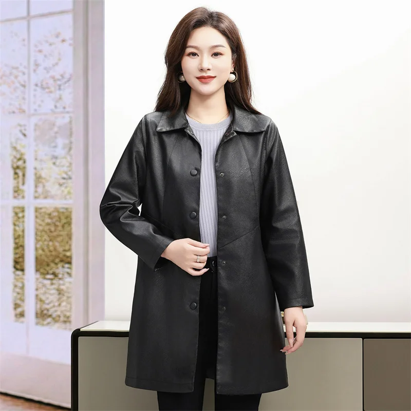 Autumn Winter Ladies Lapel Soft PU Leather Jackets Korean Women Fashion Long Faux Leather Windbreaker Coat Female Large Size 4XL