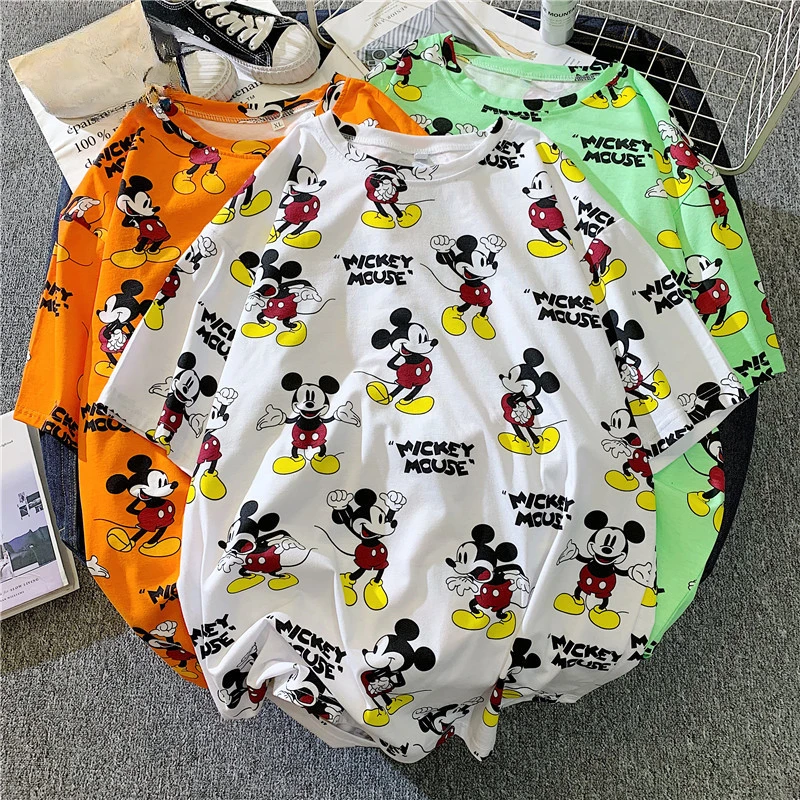 Ladies Cartoon Donald Duck Mickey Print Short-sleeved T-shirt Color Summer Cartoon Mid-length Fashion Harajuku Style