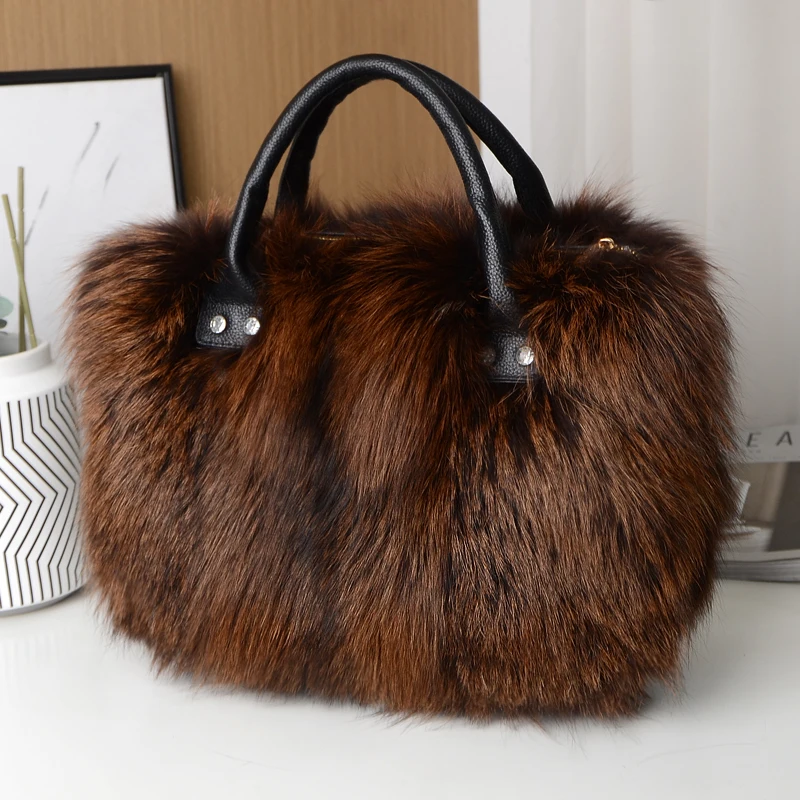 Red Fox Fur Handbag Women Single Shoulder Crossbody Bags Lady Clutch Bag Real Fur Tote Bag Winter Ladies Warm Shoulder Bags