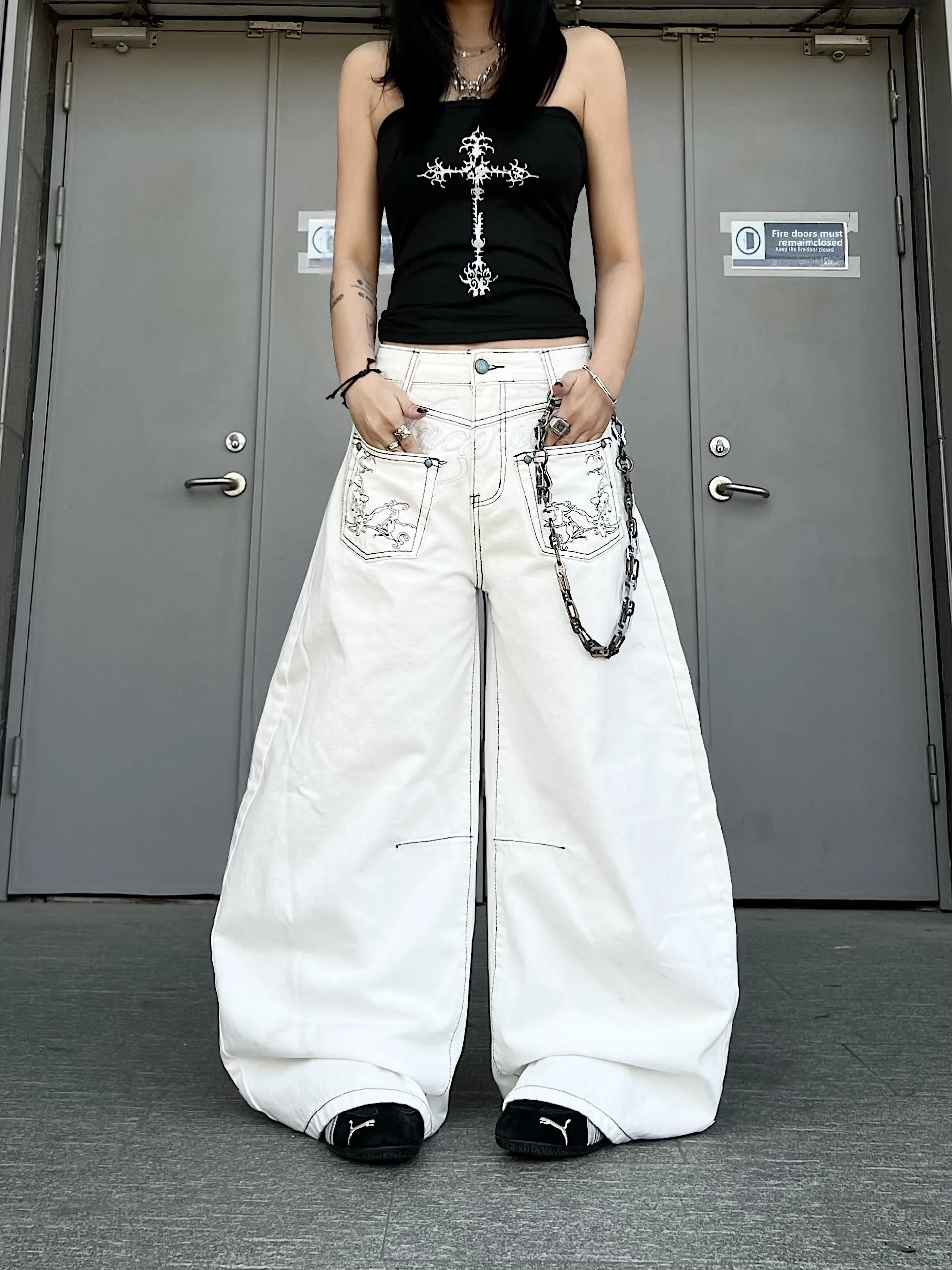 

American Design Sense Flip ket Embroidery Wide Leg Jeans Loose Floor-Length Pants Knife Casual Comfortable Fit