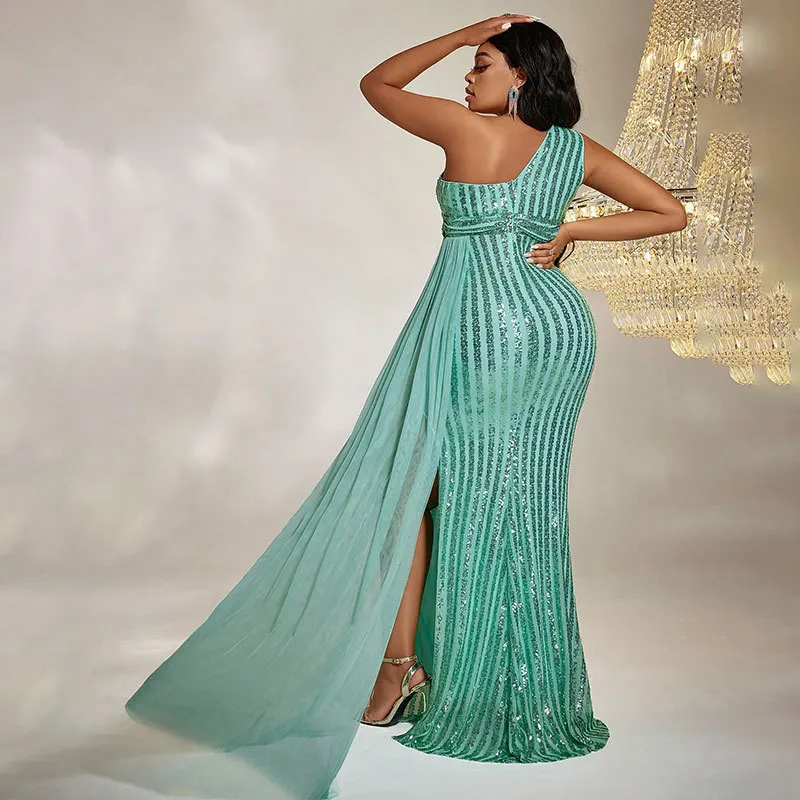 Plus Size Sequin Party Dresses Slash Neck Sleeveless Fashion Banquet Evening Dress Elegant Mesh Splicing Slit Wedding Dresses