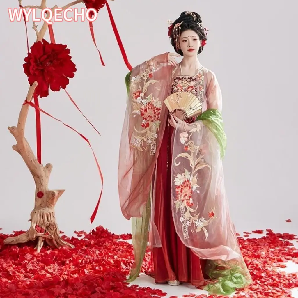 Chemise brodée à grandes manches, jupe Chebule, Style Tang, vêtements traditionnels chinois pour femmes, robe Hanfu rouge de mariage chinois pour femmes