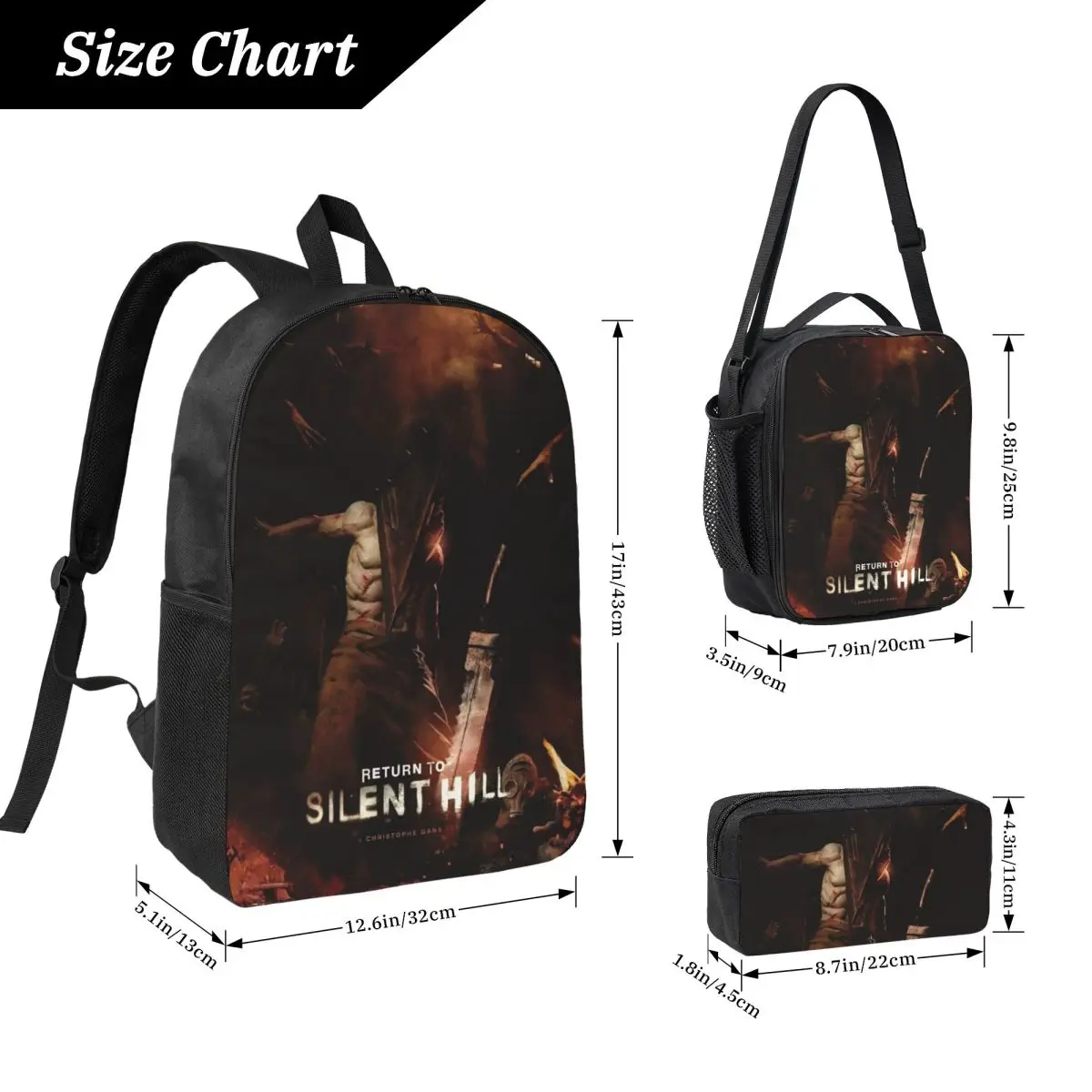 3Pcs Return To Silent Hill Movie 2026 Backpack Set for Children Pen Bags Bookbag Sets with Lunch Box For School Students Daypack