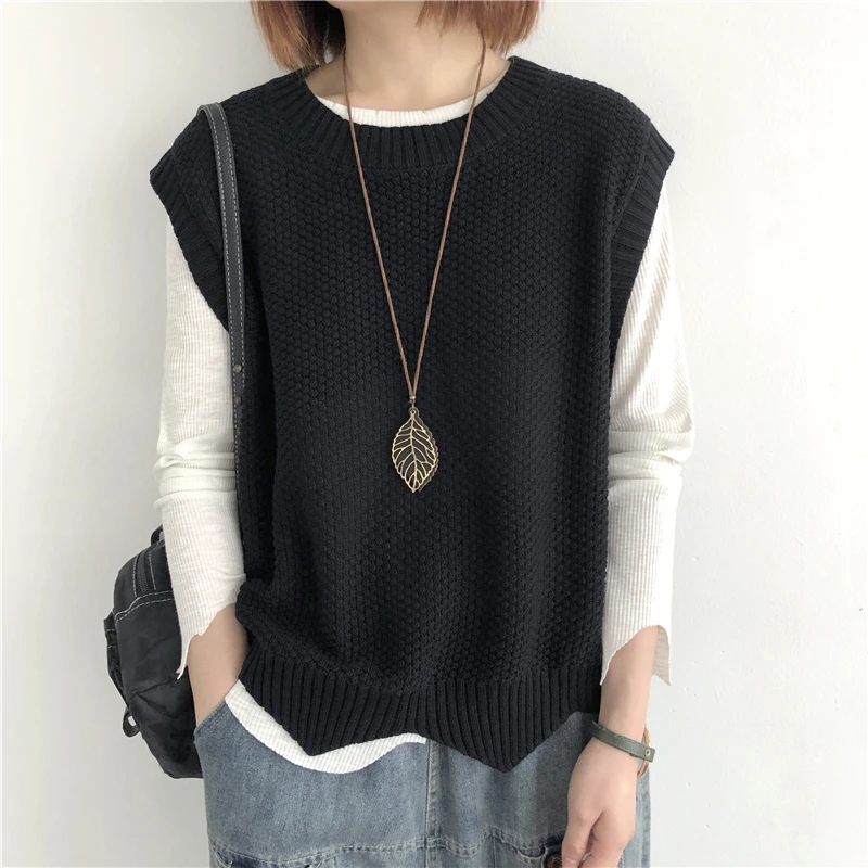 One Size Knitted Vest Women\'s Sleeveless Vest Round Neck Early Autumn Irregular Pullover Top Layered Over Western Style Sweater