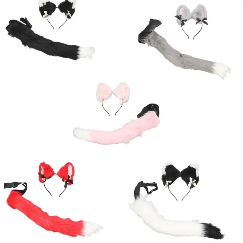 39BD ensemble costumes chats avec oreilles chats bandeau queue fourrure accessoires Costume chats d'halloween