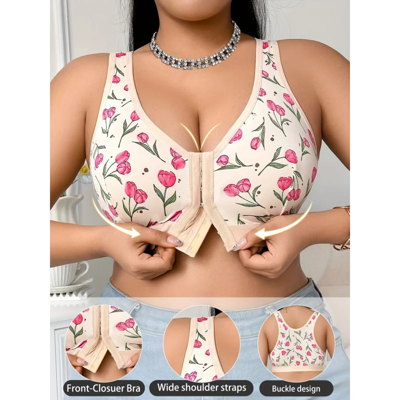 

1pc Plus Size Women'S Bra Underwire-Floral Print Front Closure Push-Up Full Support Adjustable Straps Seamless Casual