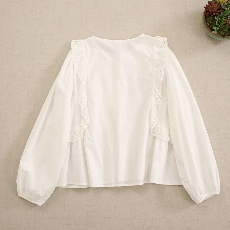 Japan Style Sweet Mori Girl  Boho White Embroidery Ruffled Shirts Woman Autumn Spring Elegant Casual Loose Cotton Blouses Tops