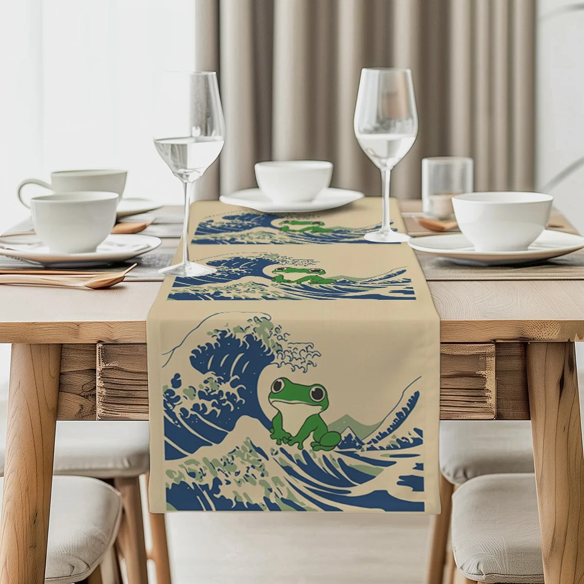 print table runner Frog Wave Ukiyoe Tablecloth for Seasonal Celebrations Both Indoor And Outdoor Dining Settings