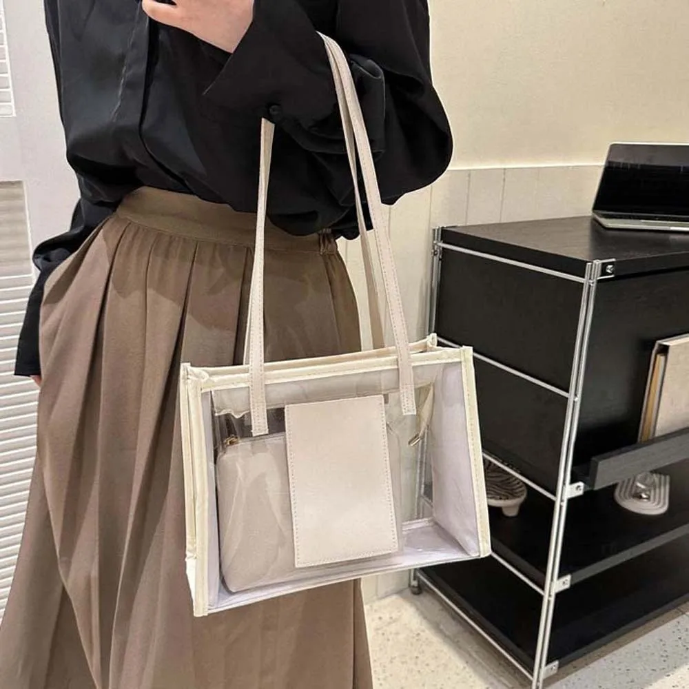 

2pcs/set Elegant Transparent Jelly Bag PU Leather Large Capacity PVC Composite Tote Bags Candy Color Waterproof