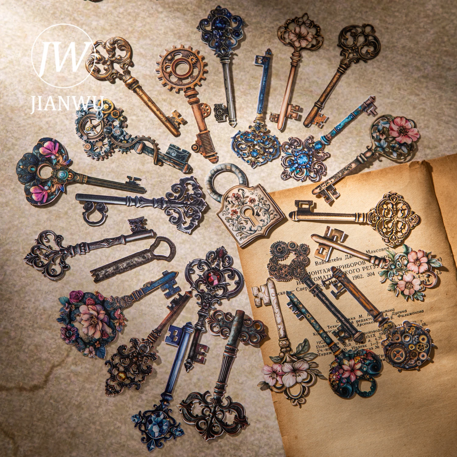 

JIANWU The Lost Key Series Vintage Flower Gear Key Landscape Material Collage Scrapbook Sticker Creative DIY Journal Stationery