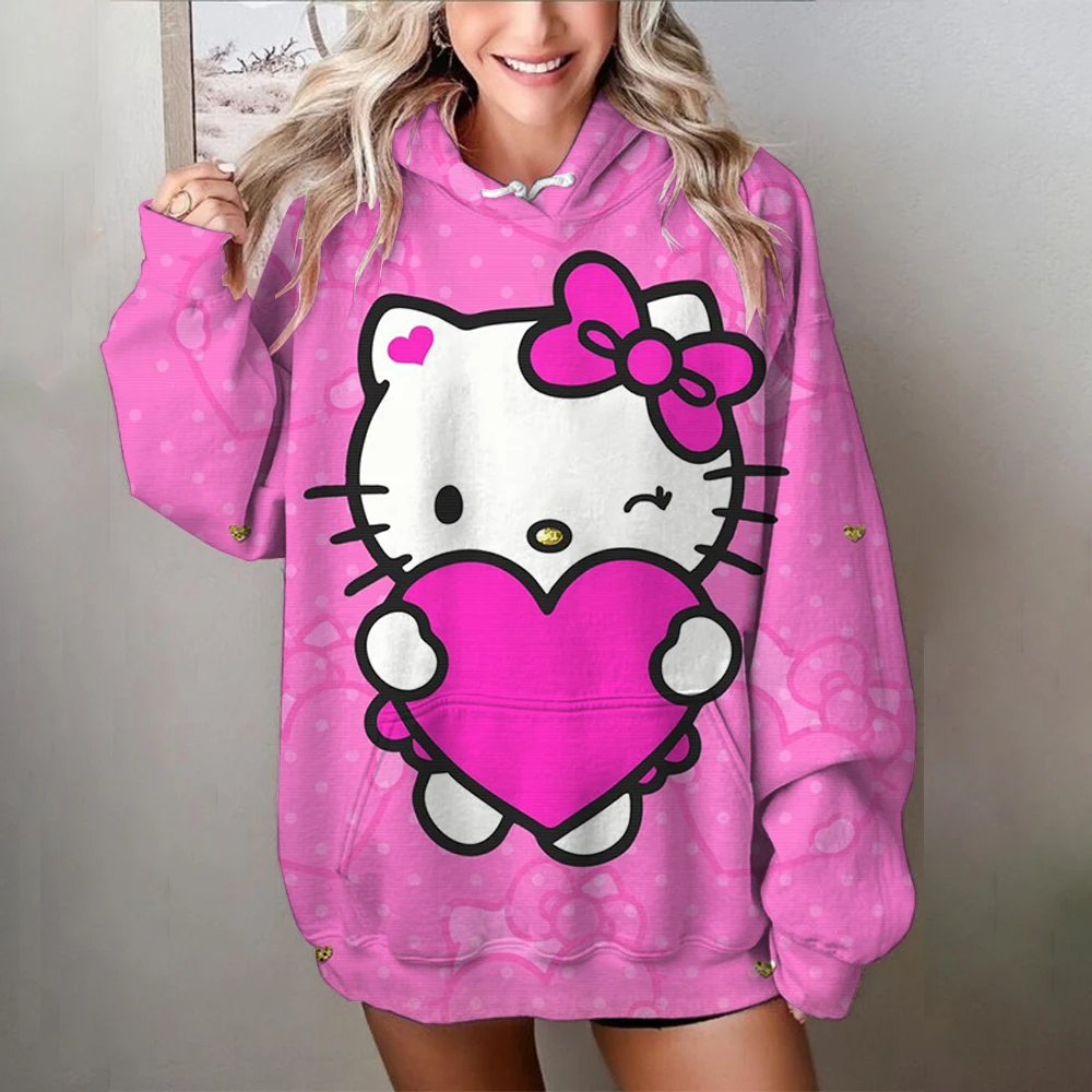 Beautiful Hello Kitty print Sweatshirt Women High Quality Hooded Simple Casual Hoodies Autumn Loose Oversized Streetwear