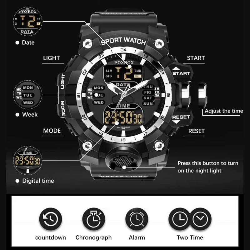 FOXBOX Fashion Electronic Man Watch Outdoor Waterproof LED Light Casual Sport Dual Digital Display Alarm Week Date Stopwatch+Box