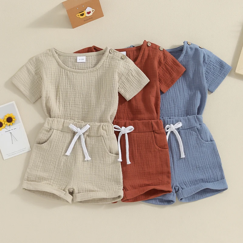 

Tregren Toddler Infant Boy Cotton Linen Clohtes Summer Short Sleeve Solid Tops + Elastic Waist Folded Hem Shorts with Pocket Set