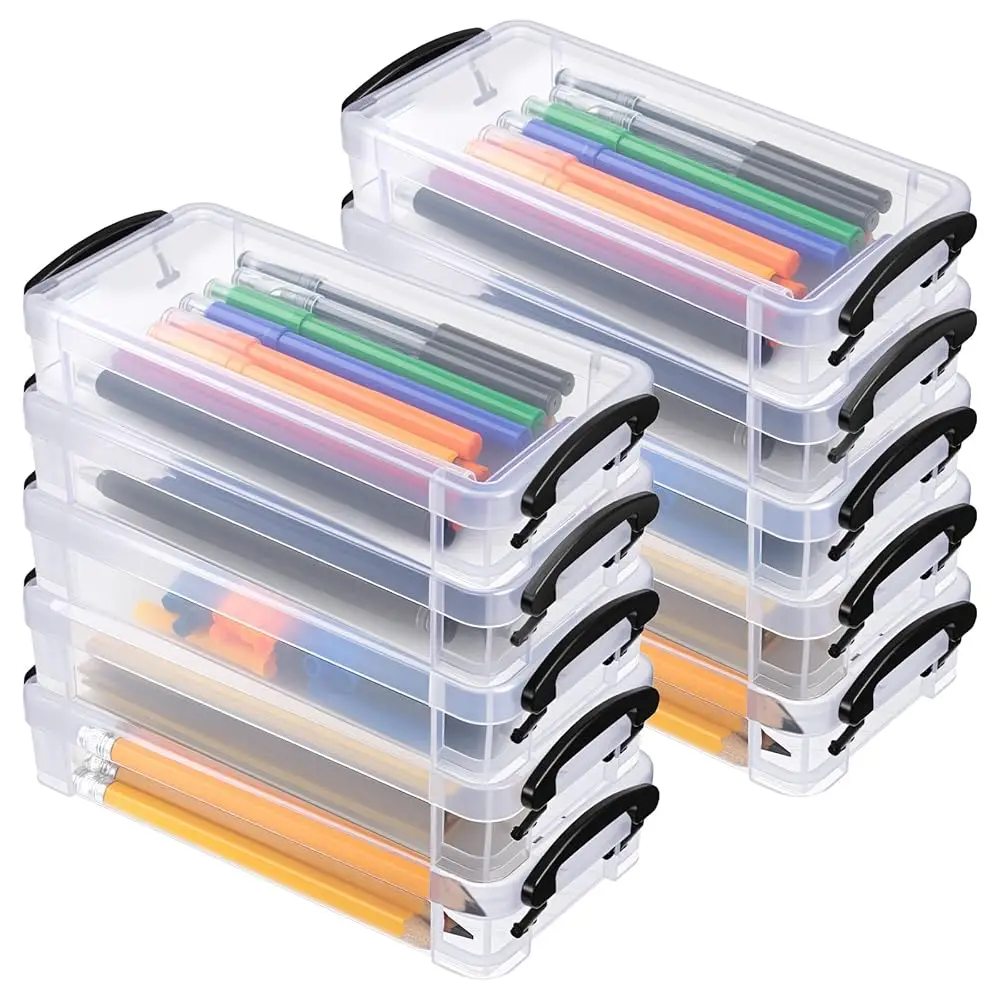 

Набор из 10 пластиковых коробок для хранения карандашей, большие прозрачные штабелируемые органайзеры с крышкой для ручек, маркеров, мелков, канцелярских принадлежностей, товаров для творчества и рукоделия