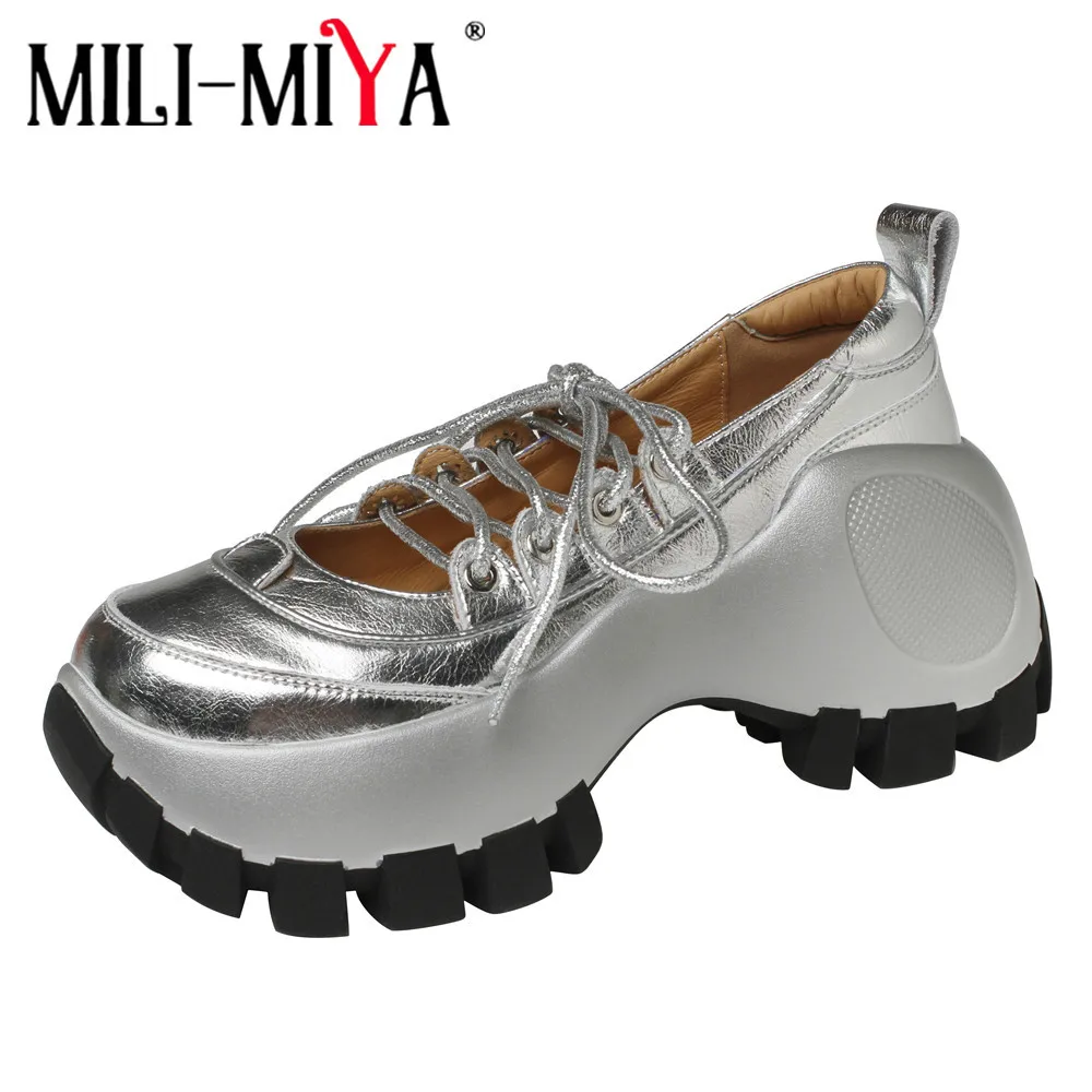 MILI-MIYA Fashion Thick Heels Non-Slip Soles Women Full Genuine Leather Sneakers Round Toe Comfortable Lace Up Casual Street