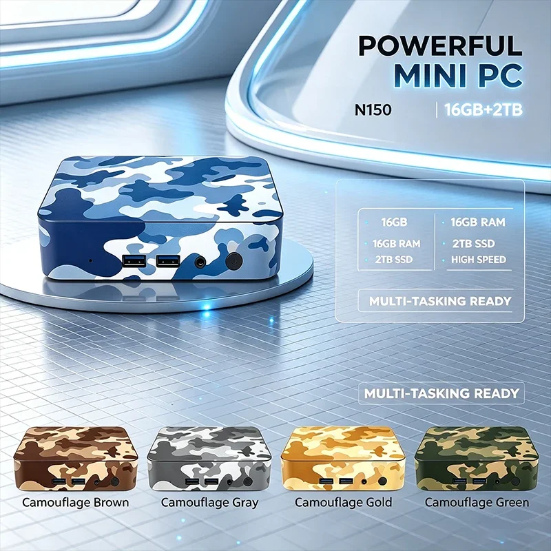 New Camouflage Intel N150 Mini PC 16GB+2TB High Speed Combo Dual HDMI 4K Gigabit Windows 11 Portable Desktop for Gaming Office