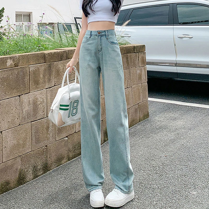 Light blue straight jeans female summer thin section high waist thin drape loose versatile small wide-legged drag pants