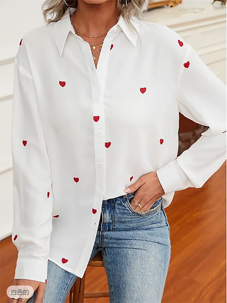 

French Heart 3D Printed Top Casual Fashion V Neck Button Shirt Outdoor Street Sexy Flower Shirt Heart Long Sleeve