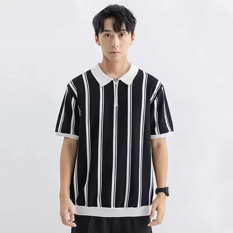 

Men Summer Knitwear Vintage Loose Business Casual Short Sleeve Stripe Knitted Polo Shirts Man Cool Breathable Sweater T-shirt