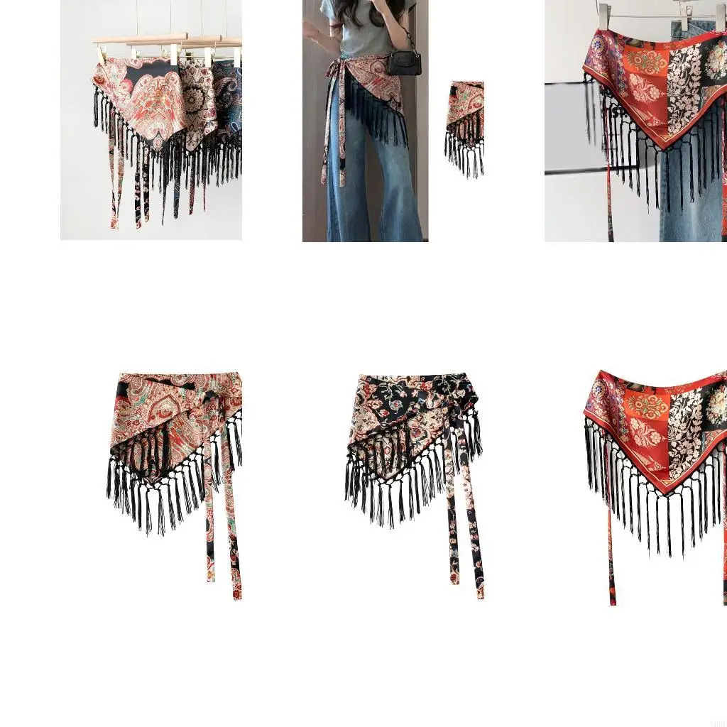 Patterned Waist Wrap Belt for Women, Fringed Scarf Accent Y08E