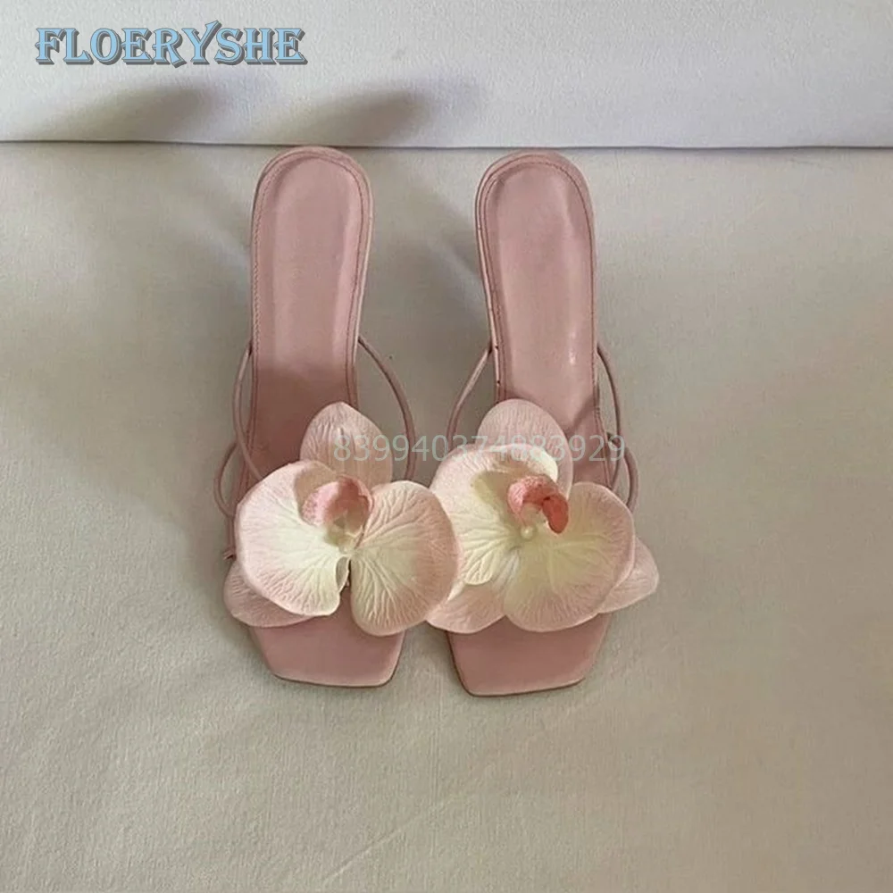 Flower Elegant Slippers Straps Women Shoes Square Open Toe Thin Heel Summer Green Pink White Shoes 2024 Fashion New Arrival