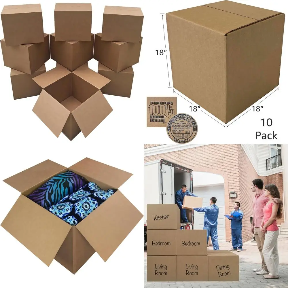 

Large Corrugated Shipping Boxes - 10 Pack, 18x18x18 Inches, Durable Mail Packaging for Bulk Items