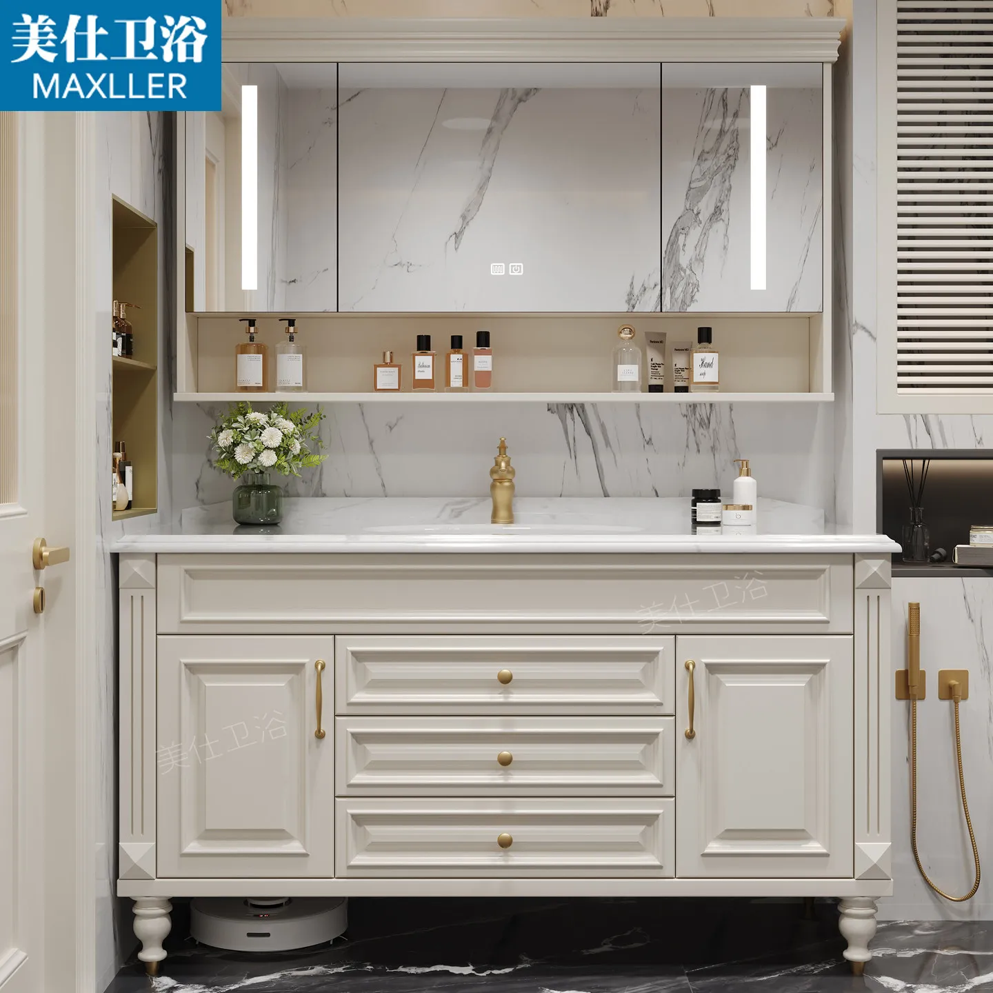 PYH Modern Light Luxury Oak Bathroom Cabinet Marble Smart Mirror Bathroom Cabinet, Floor-standing Washbasin