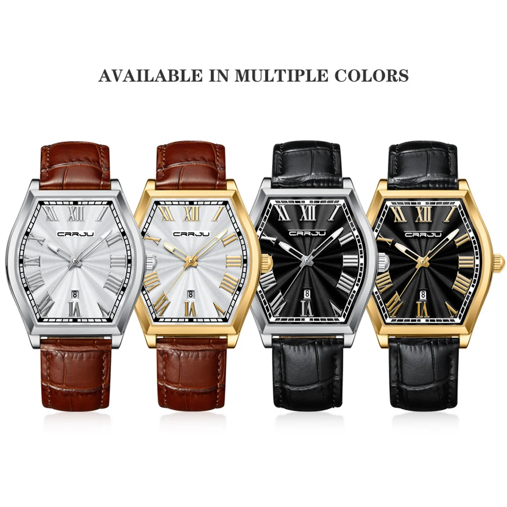 CRRJU Watch For Men Sporty Leather Trendy Waterproof Barrel Shaped Man Original Wristewatch Male Quartz Clock Watches Gift