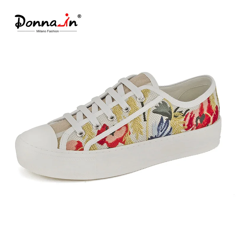 Donna-in Floras Embroidery Pattern Flat Sneakers For Women Lace Up Fashion Designer Real Leather Handmade Female Shoes