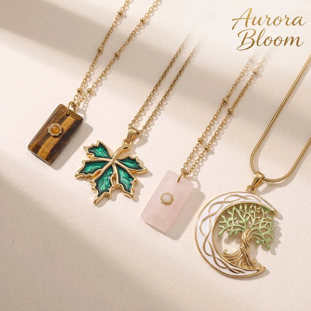 Natural Stone Square Pendant Necklace Vintage Enamel Leaf Tree Charms Stainless Steel Bail Necklace Elegant Jewelry for Women