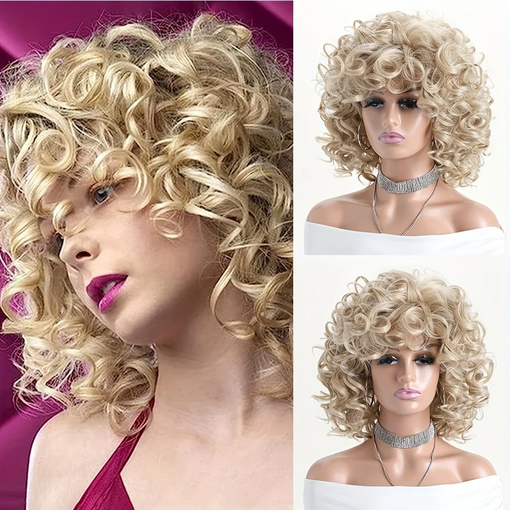 

12inch Ladies' Popular Fashion Natural Fluffy Short Curly Hair Golden, Synthetic Fiber