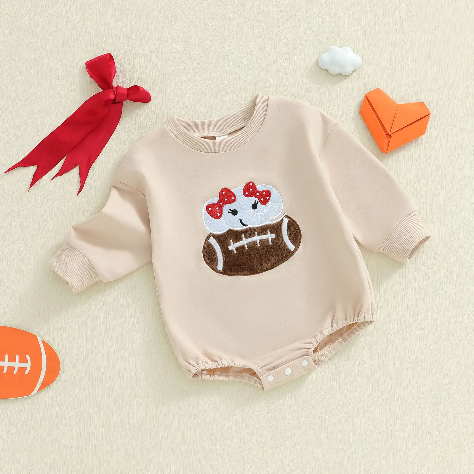 

Suefunskry Baby Girls Fall Romper Elephant Football Embroidery Long Sleeve Round Neck Jumpsuit