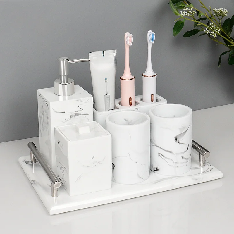luxurious white ink Resin Bathroom Decoration Accessories upscale Five Piece toothbrush holder Shower storage tray