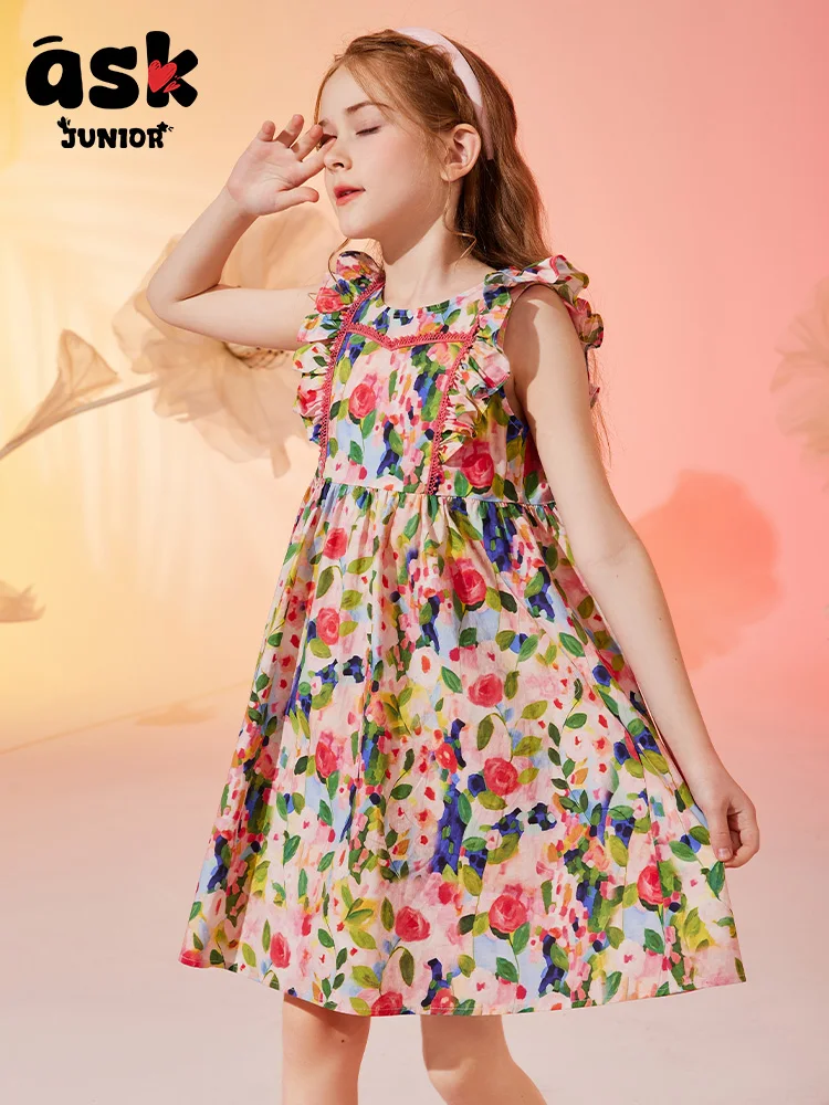 فستان Tween Girls صيفي عصري بدون أكمام على شكل زهرة كبيرة #4